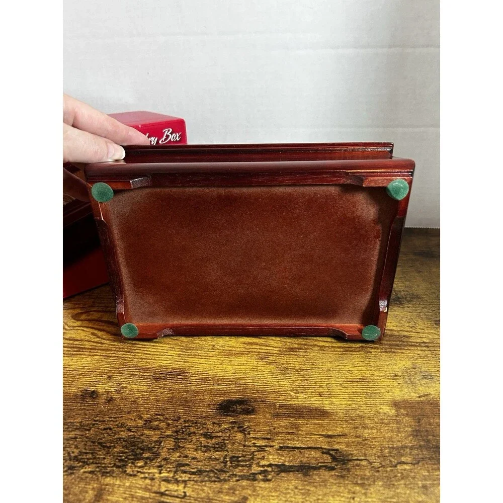 Cherry Finish Wooden Jewelry Box Etched Glass Lid 3 Compartment Ring Holder Vtg